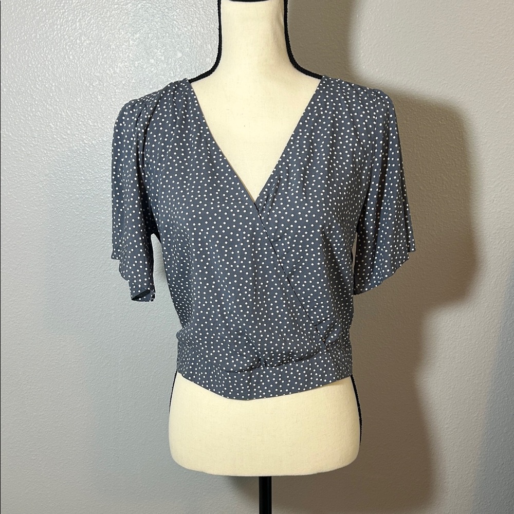 EUC Abercrombie & Fitch Cropped Gray Polka Dot Blouse with Tie Closure in Back